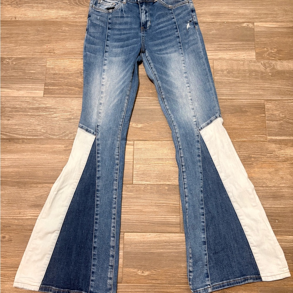 Denim Flare Jeans with Blue and White Panels